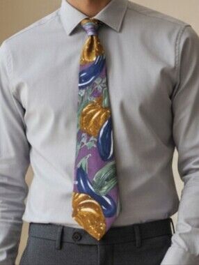Vintage Je Suis Eggplant Pumpkin Print Silk Tie Purple Blue Gold